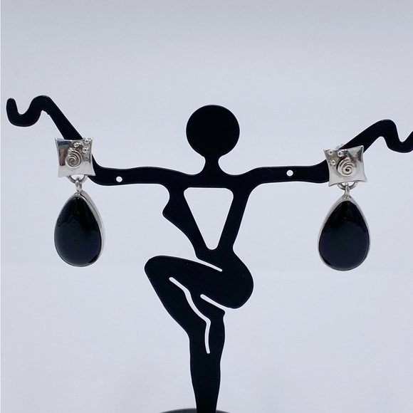 Sterling Silver Black Onyx Stone Dangle Earrings - Picture 2 of 10